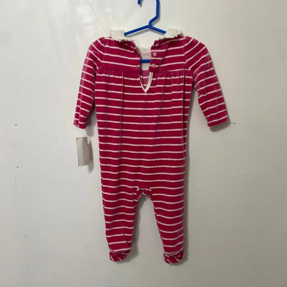Ralph Lauren Hot Pink White Striped Velour One Piece Outfit White Collar Footies